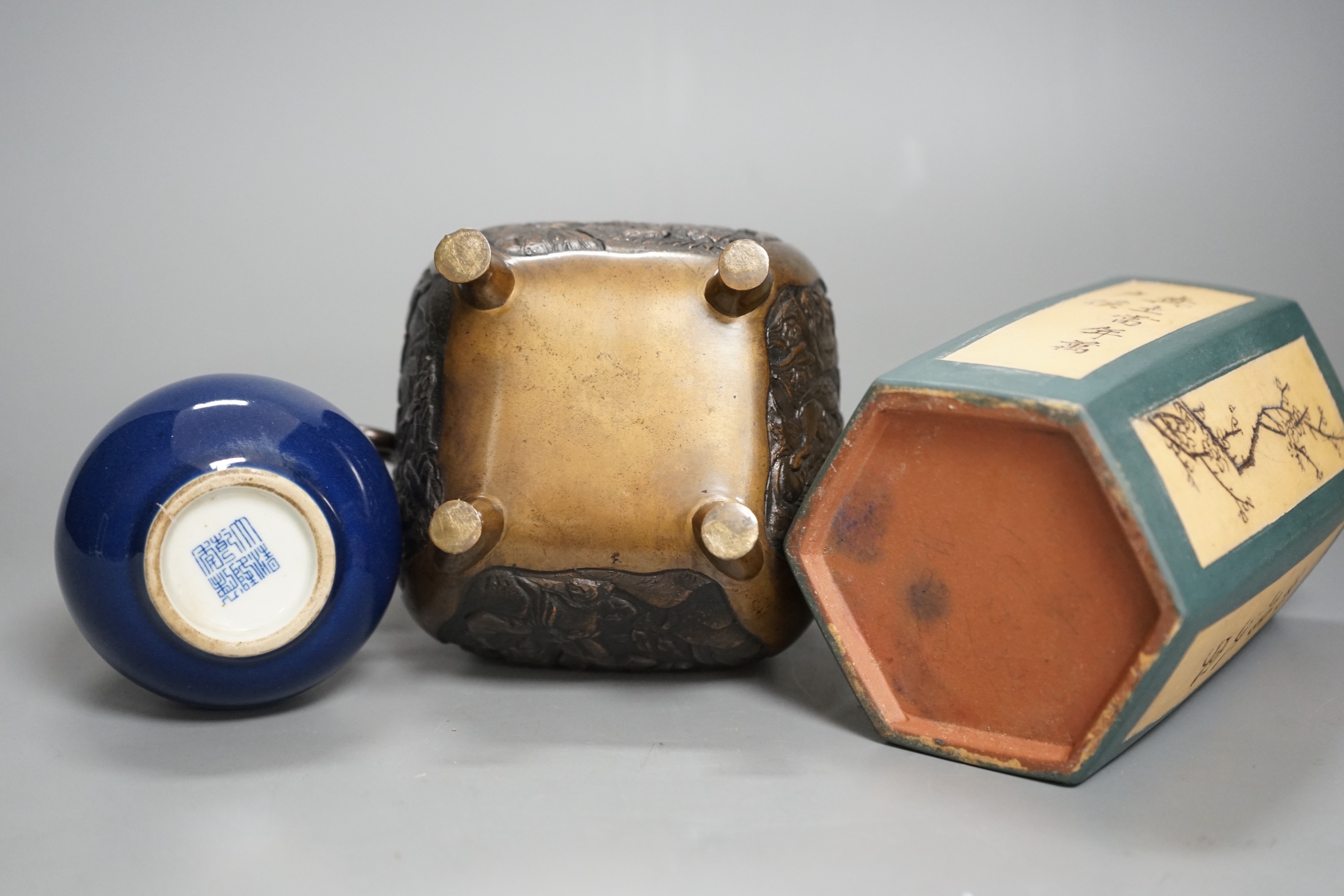 A Chinese monochrome blue vase, a hexagonal pottery brush pot and a bronze censer and cover, 15cm
